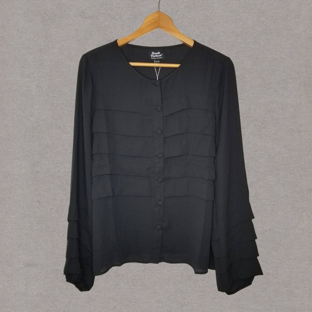 NWT Smak Parlour 60s-Style Black Pleated Front Blouse, Size 14 / XL